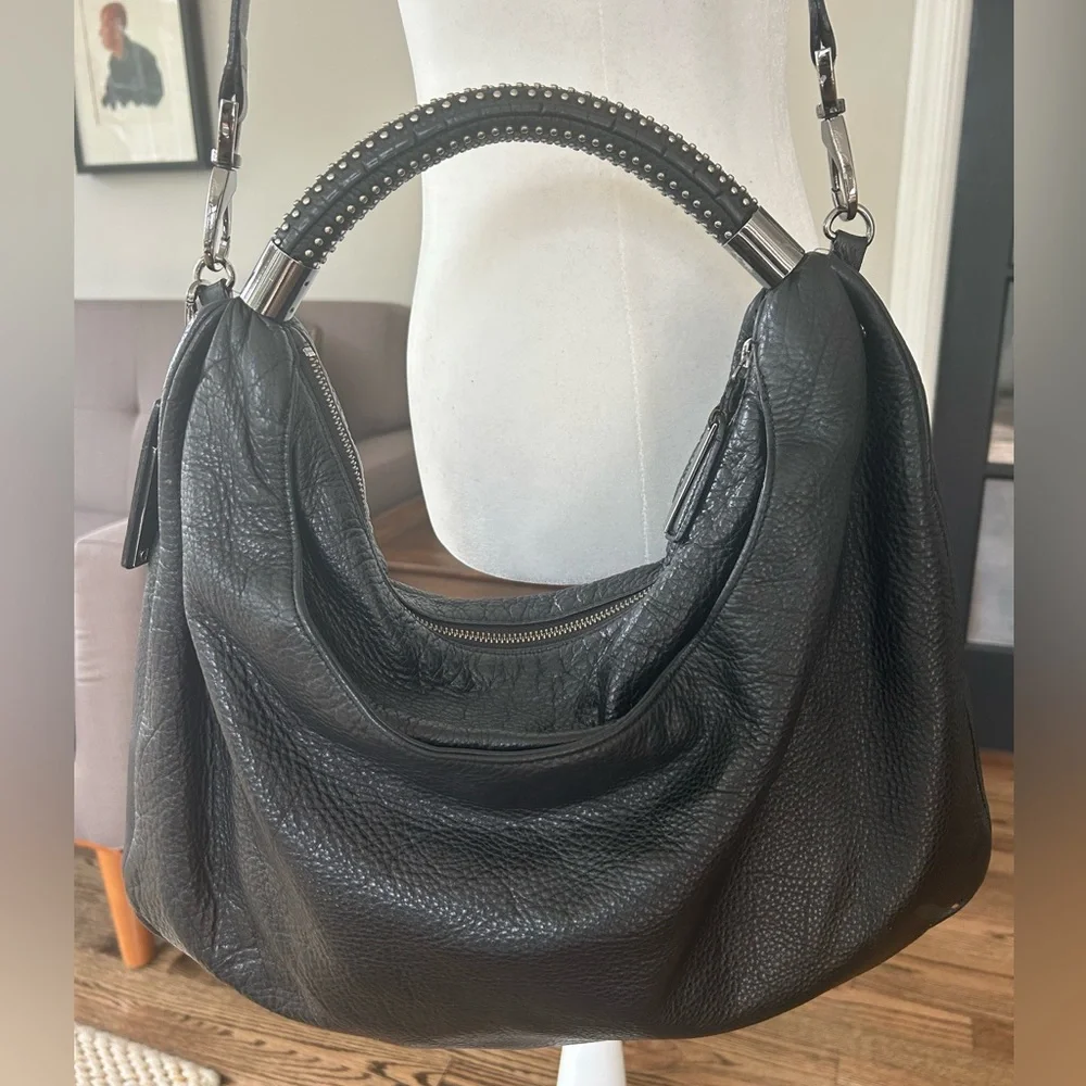 KENNETH COLE Black Leather Slouchy Hobo Bag with Studded Handle - Picture 3 of 13
